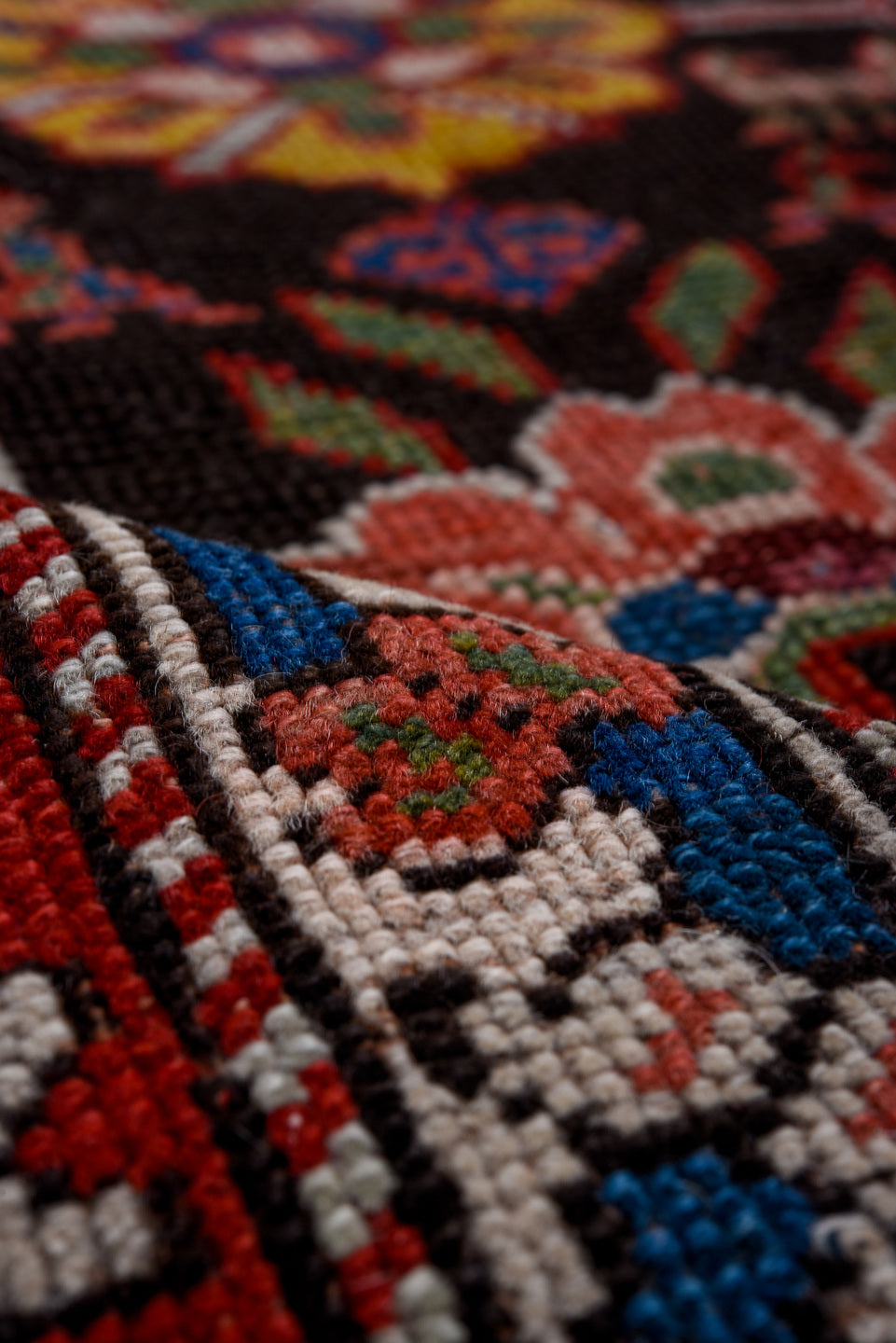3' x 10' one-of-a-kind handmade vintage Karabagh runner rug. Color palette: black, crimson, ivory, gold, blue, rose, olive