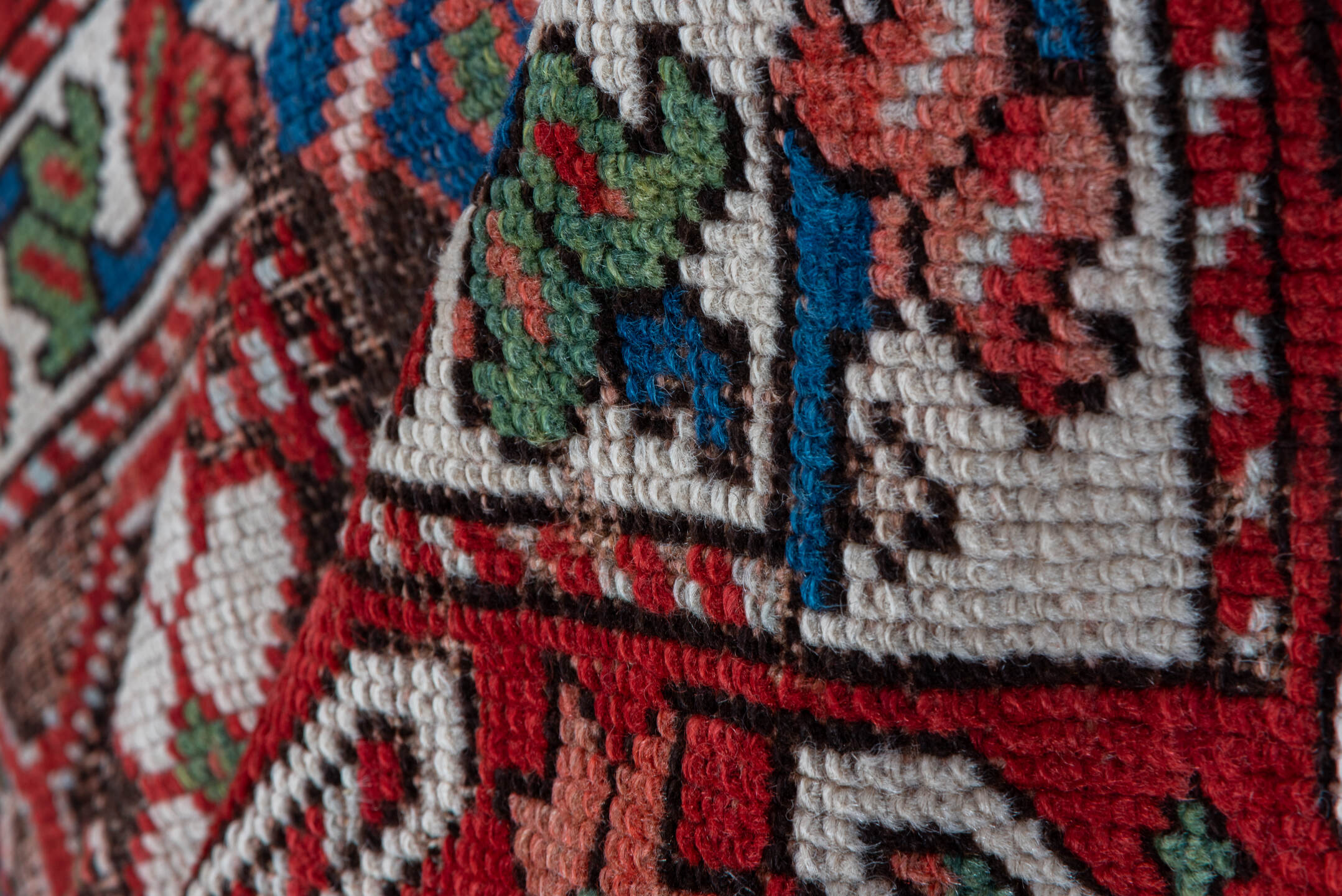 3' x 10' one-of-a-kind handmade vintage Karabagh runner rug. Color palette: black, crimson, ivory, gold, blue, rose, olive