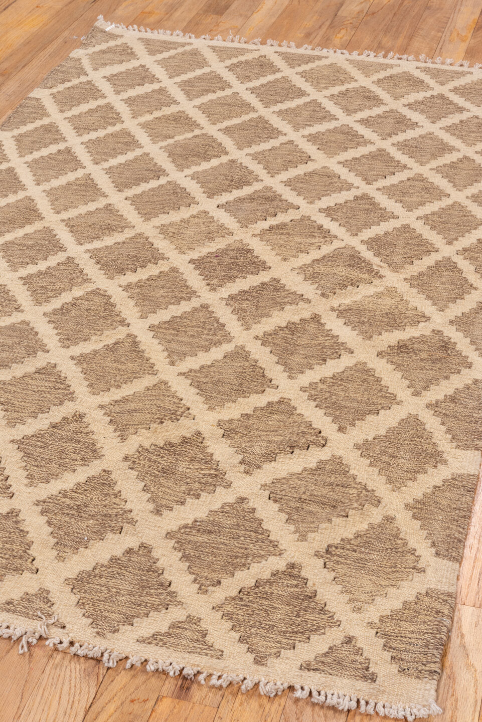 3' x 5' one-of-a-kind handmade vintage Kilim small size rug. Color palette: ivory, taupe, beige, gray