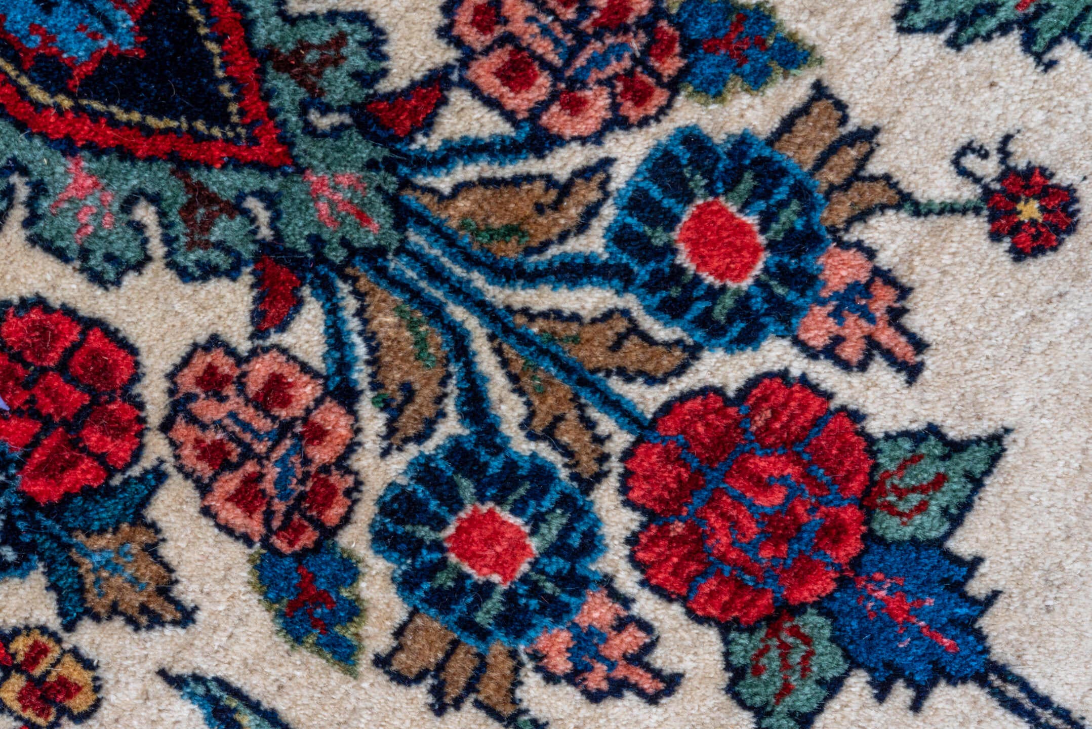 9' x 12' one-of-a-kind handmade vintage Bidjar large size rug. Color palette: ivory, navy, crimson, sky blue, rose, taupe