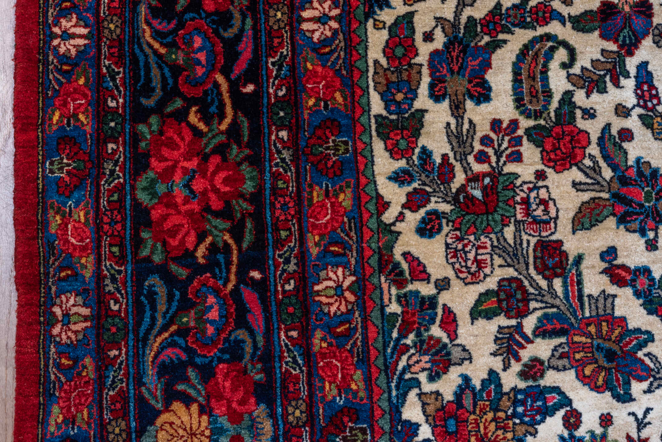 9' x 12' one-of-a-kind handmade vintage Bidjar large size rug. Color palette: ivory, navy, crimson, sky blue, rose, taupe