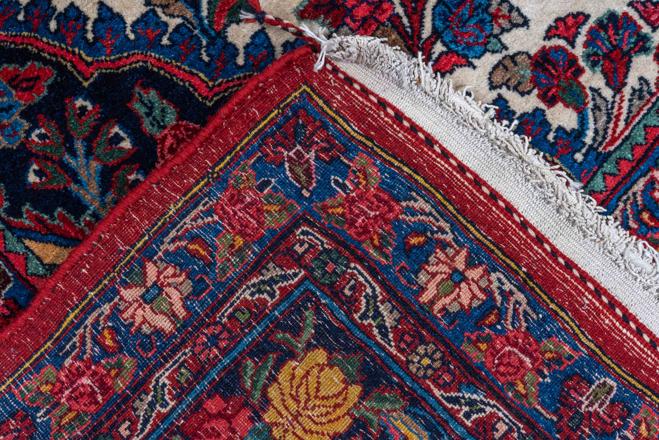 9' x 12' one-of-a-kind handmade vintage Bidjar large size rug. Color palette: ivory, navy, crimson, sky blue, rose, taupe