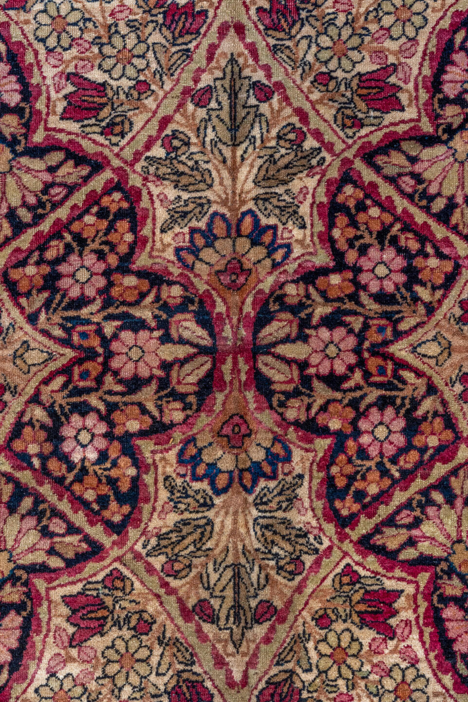 16' x 21' one-of-a-kind handmade vintage Lavar oversize rug. Color palette: ivory, rose, burgundy, navy, dusty blue, taupe