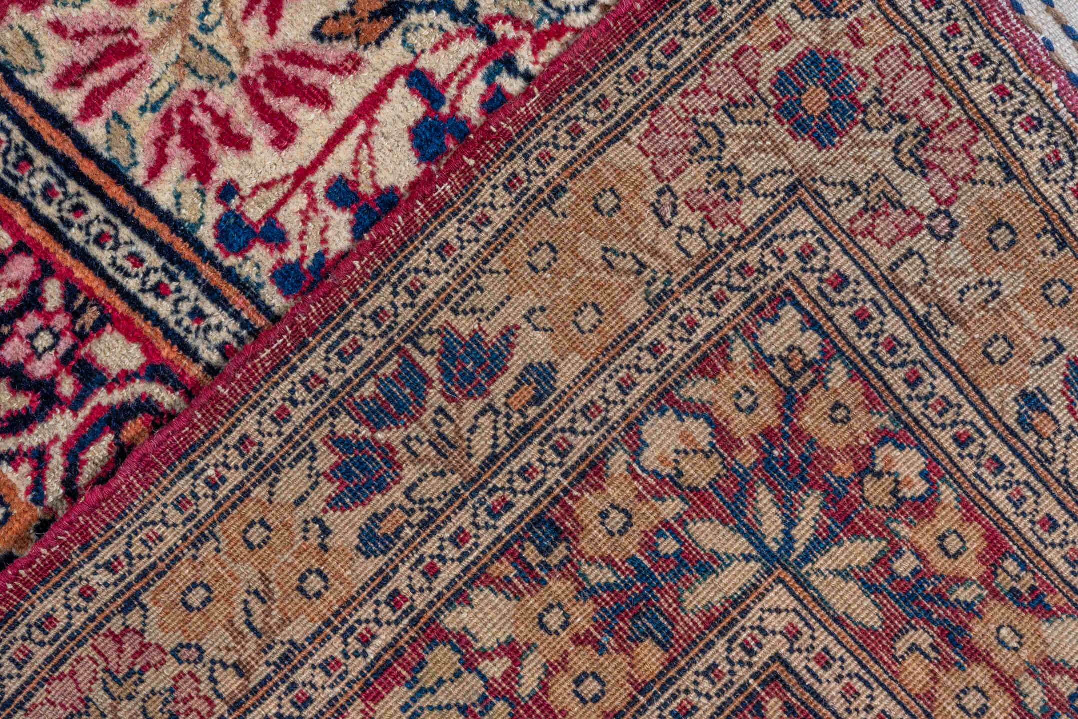 16' x 21' one-of-a-kind handmade vintage Lavar oversize rug. Color palette: ivory, rose, burgundy, navy, dusty blue, taupe