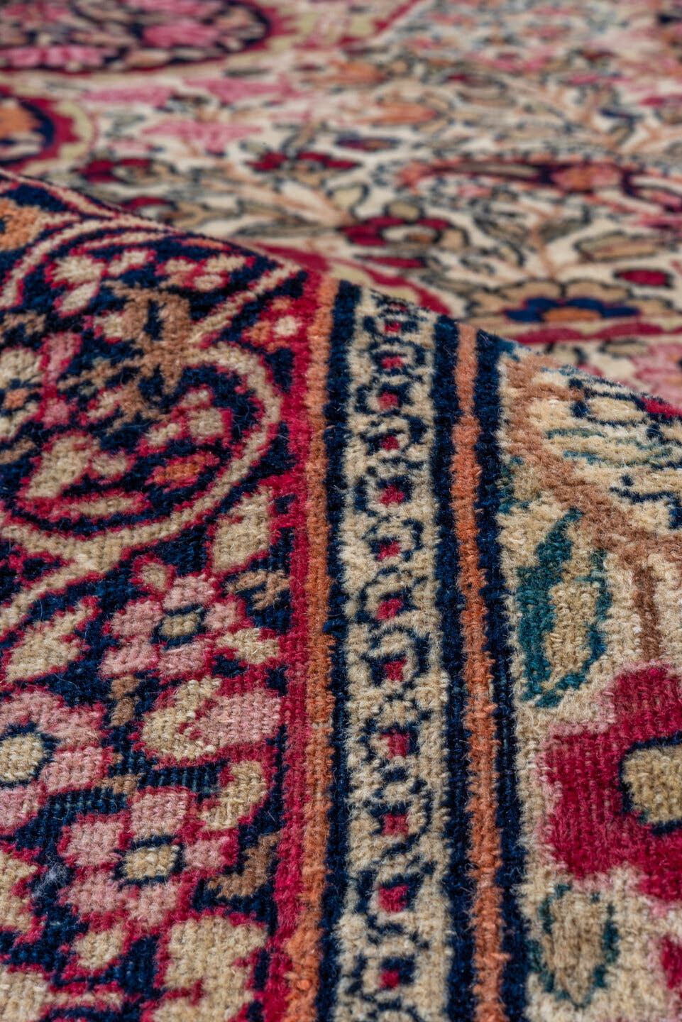16' x 21' one-of-a-kind handmade vintage Lavar oversize rug. Color palette: ivory, rose, burgundy, navy, dusty blue, taupe