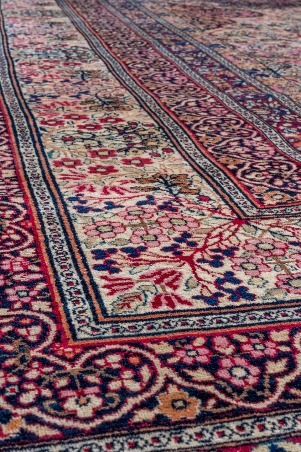 16' x 21' one-of-a-kind handmade vintage Lavar oversize rug. Color palette: ivory, rose, burgundy, navy, dusty blue, taupe