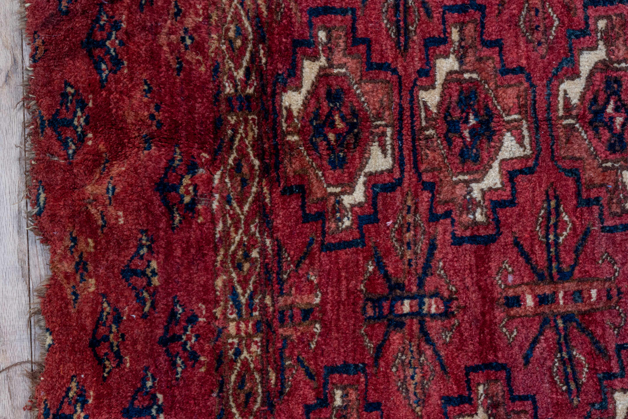 2' x 4' one-of-a-kind handmade vintage Torkaman small size rug. Color palette: red, burgundy, ivory, brown, charcoal, rust