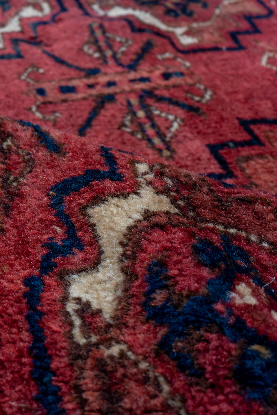 2' x 4' one-of-a-kind handmade vintage Torkaman small size rug. Color palette: red, burgundy, ivory, brown, charcoal, rust