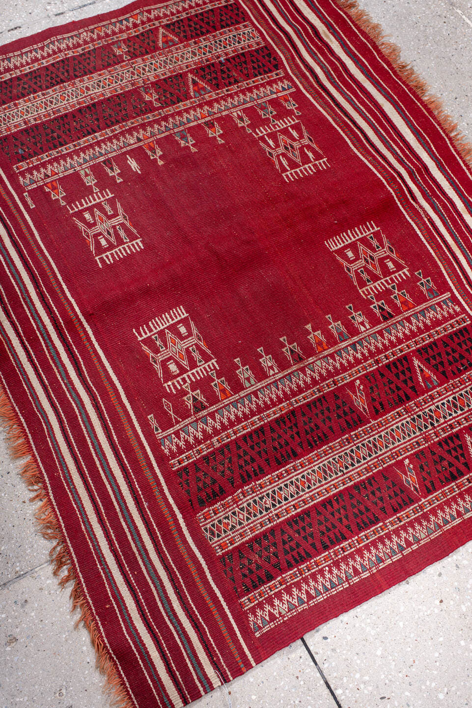 3' x 3' one-of-a-kind handmade vintage Kilim small size rug. Color palette: red, ivory, black, burgundy, rust, navy