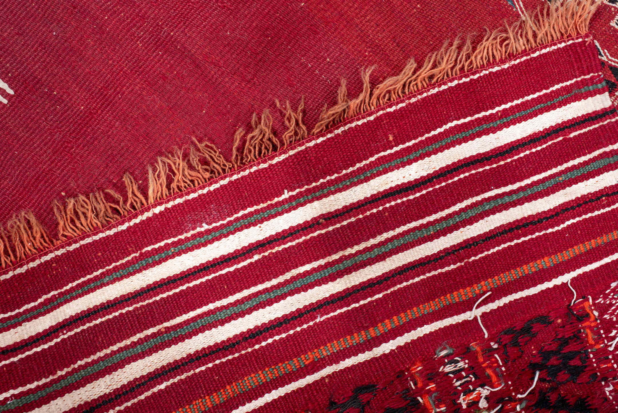 3' x 3' one-of-a-kind handmade vintage Kilim small size rug. Color palette: red, ivory, black, burgundy, rust, navy