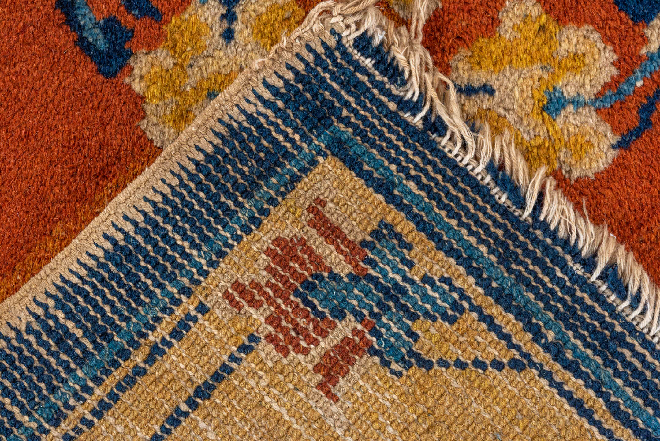 2' x 2' one-of-a-kind handmade vintage Chinese small size rug. Color palette: rust, navy, ivory, sky_blue, gold, camel