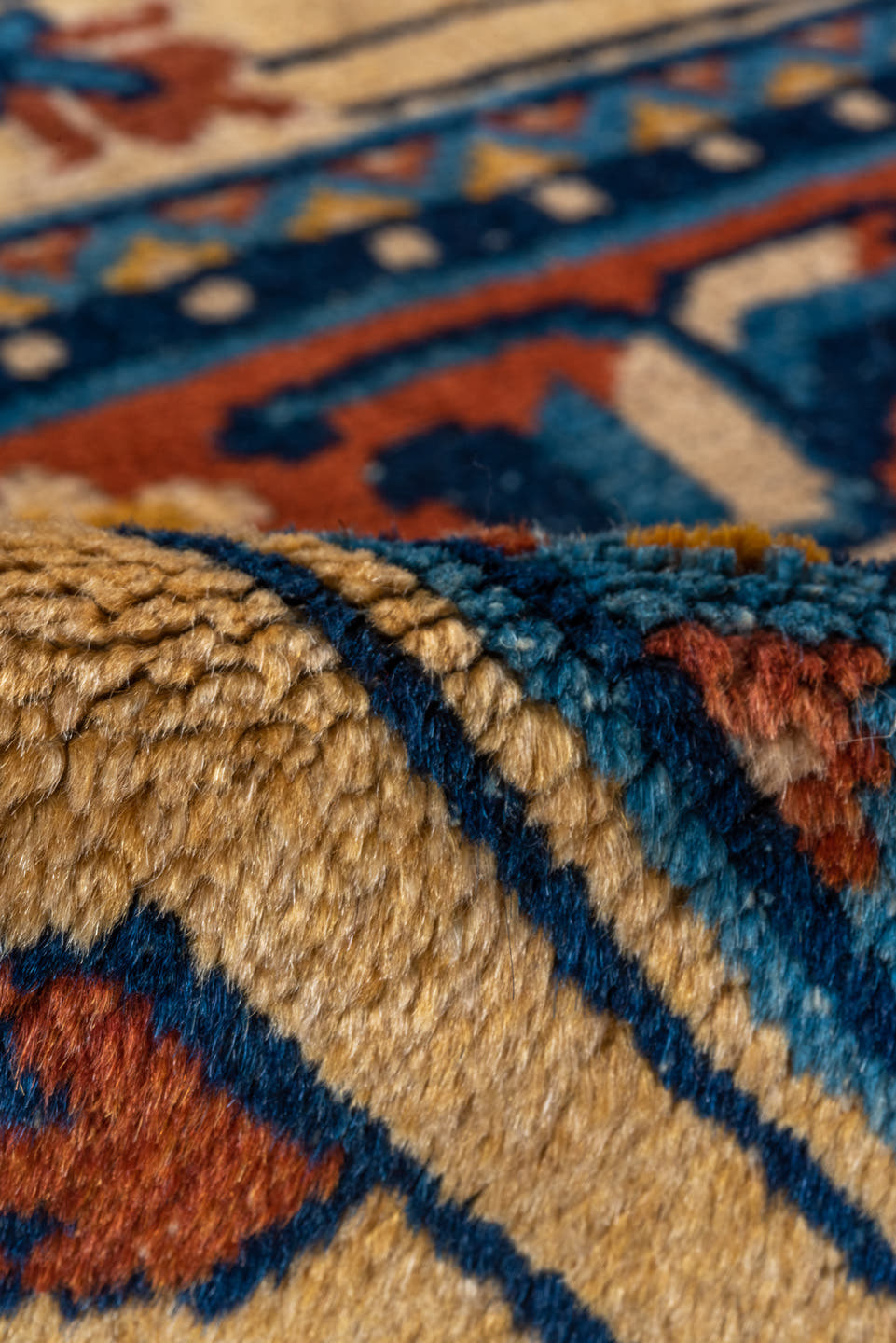 2' x 2' one-of-a-kind handmade vintage Chinese small size rug. Color palette: rust, navy, ivory, sky_blue, gold, camel