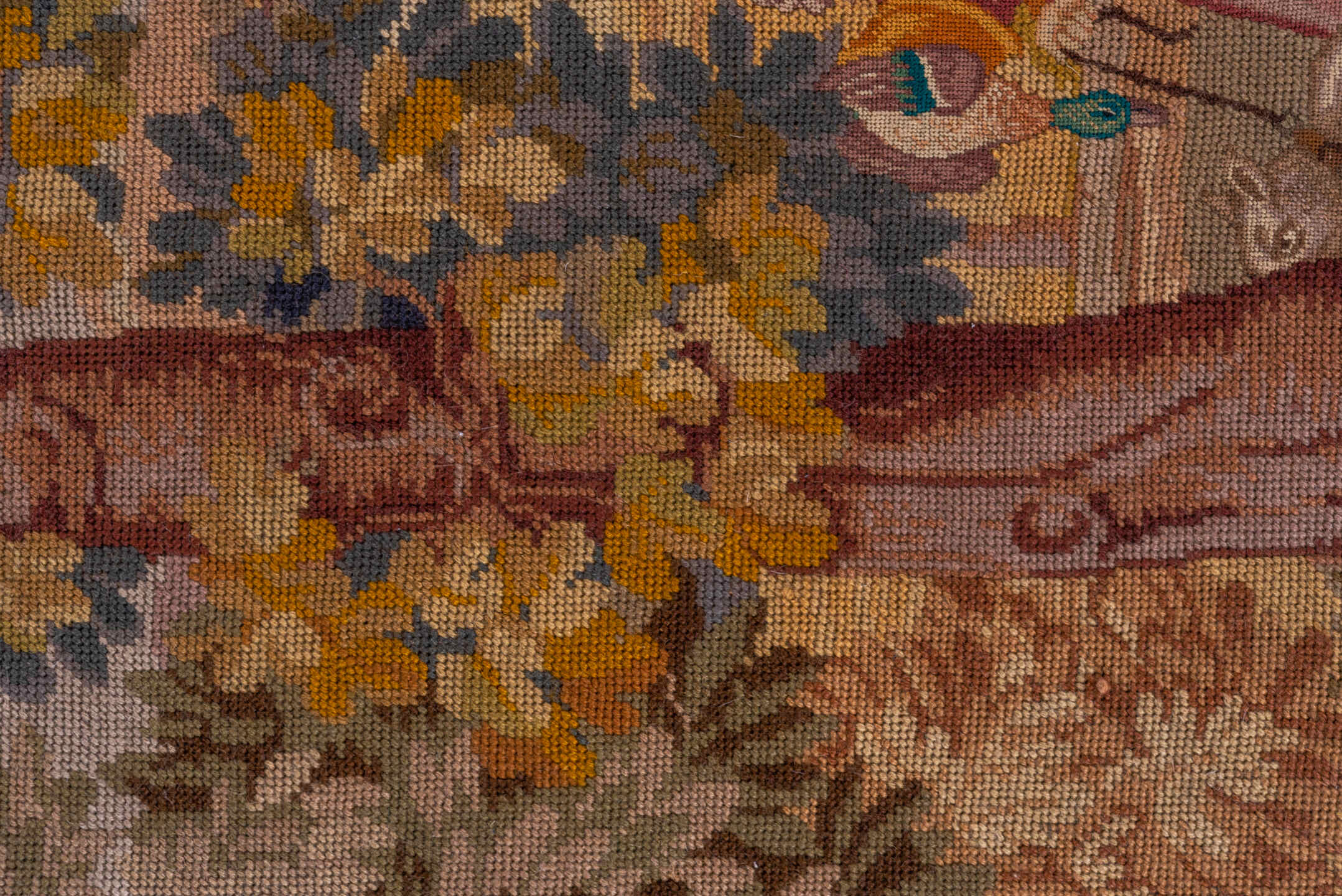 2' x 3' one-of-a-kind handmade vintage Tapestry small size rug. Color palette: taupe, rose, rust, ivory, gold, sage, slate