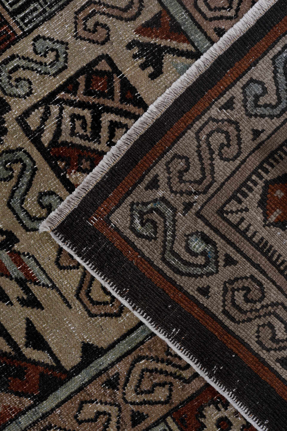 6' x 8' one-of-a-kind handmade antique Khotan medium size rug. Color palette: ivory, rust, brown, pale_blue, charcoal, taupe