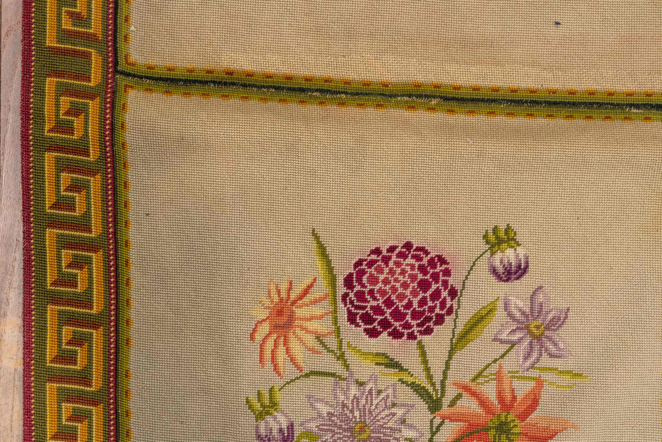 6' x 7' one-of-a-kind handmade vintage Needlepoint rug. Color palette: black, blue, brown, gray, pink, red, yellow