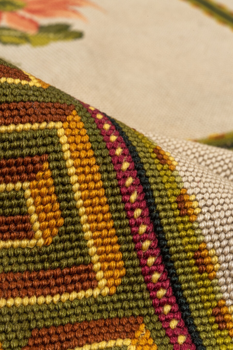 6' x 7' one-of-a-kind handmade vintage Needlepoint rug. Color palette: black, blue, brown, gray, pink, red, yellow