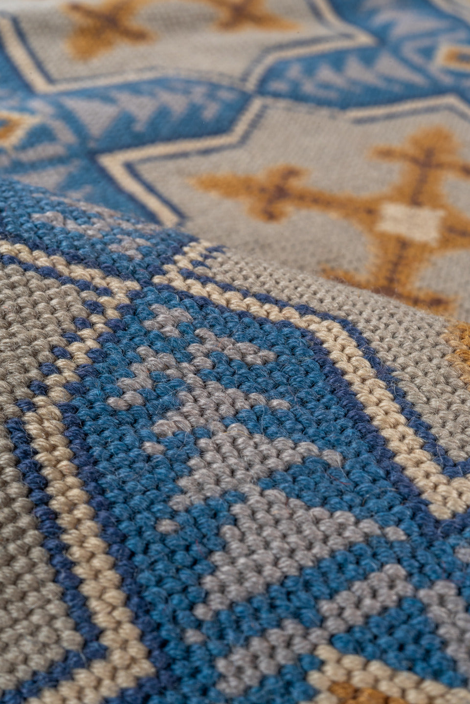 2' x 3' one-of-a-kind handmade vintage Needlepoint small size rug. Color palette: blue, brown, fiord, gray, light gray