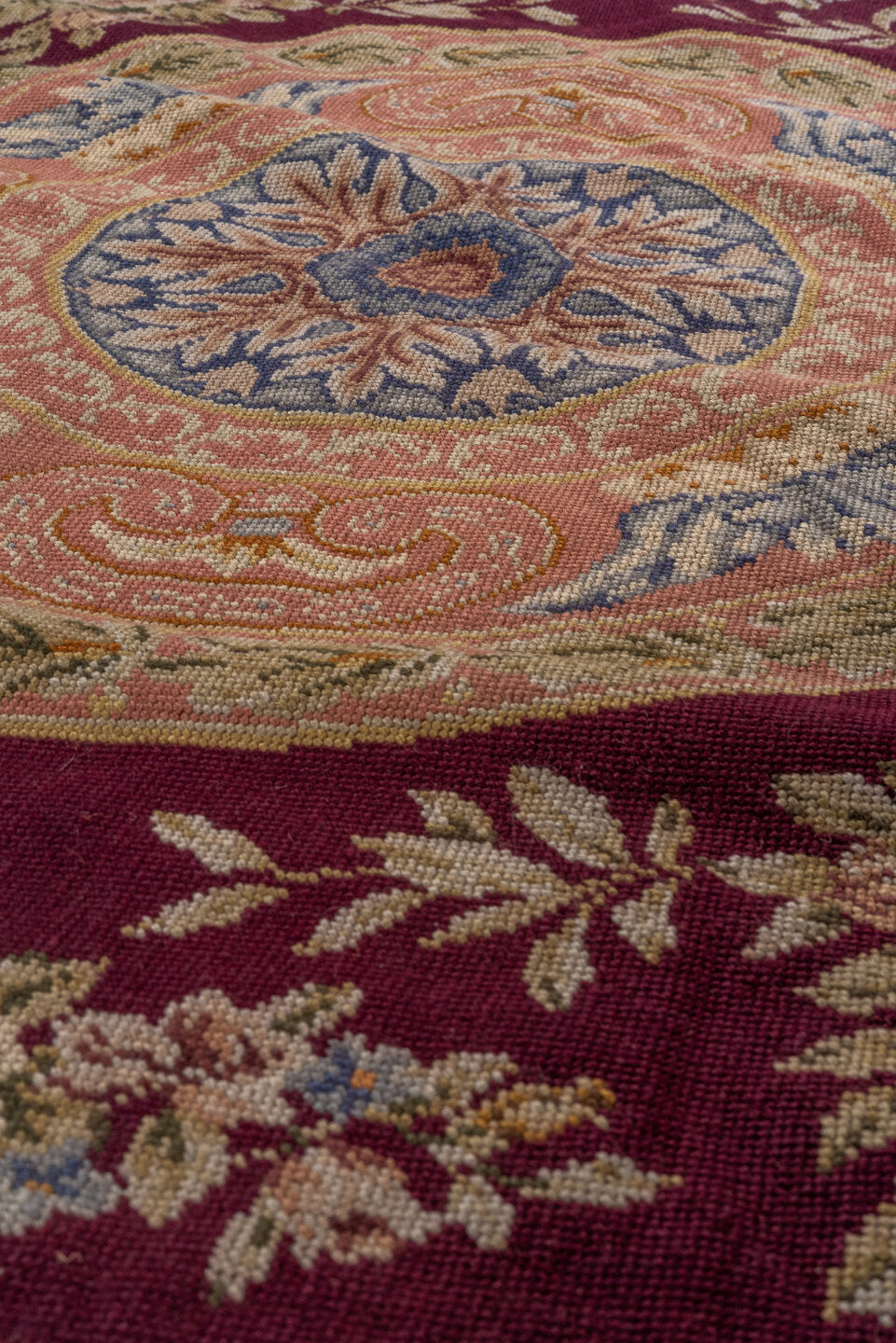 2' x 3' one-of-a-kind handmade vintage Needlepoint small size rug. Color palette: blue, brown, gray, pink, red