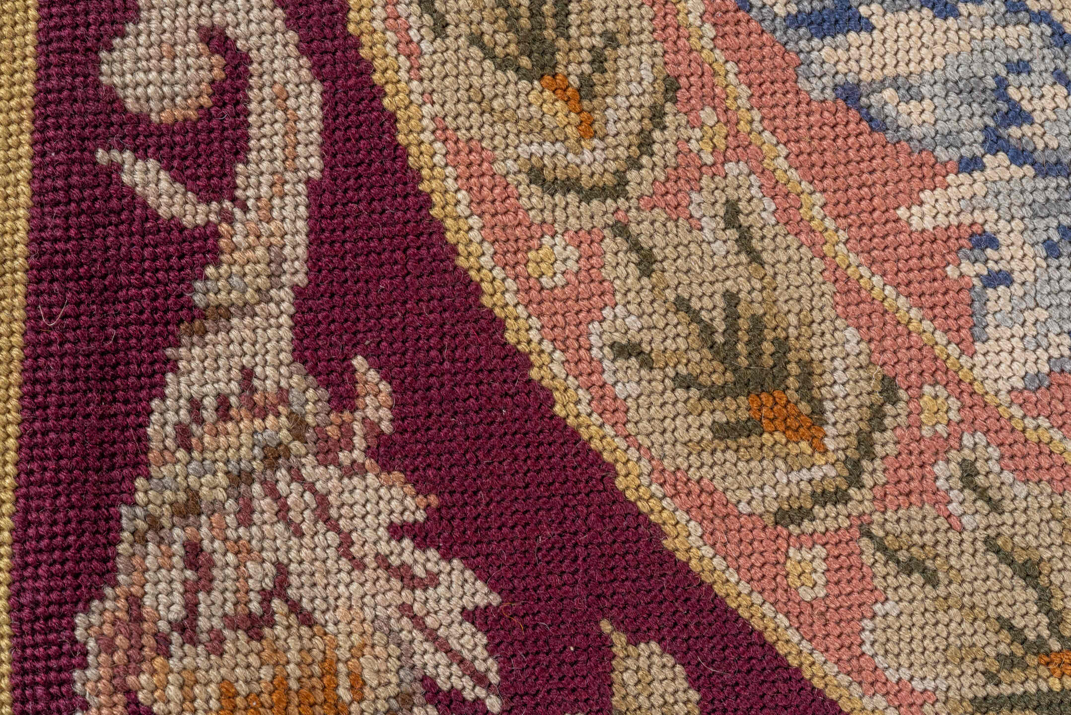 2' x 3' one-of-a-kind handmade vintage Needlepoint small size rug. Color palette: blue, brown, gray, pink, red
