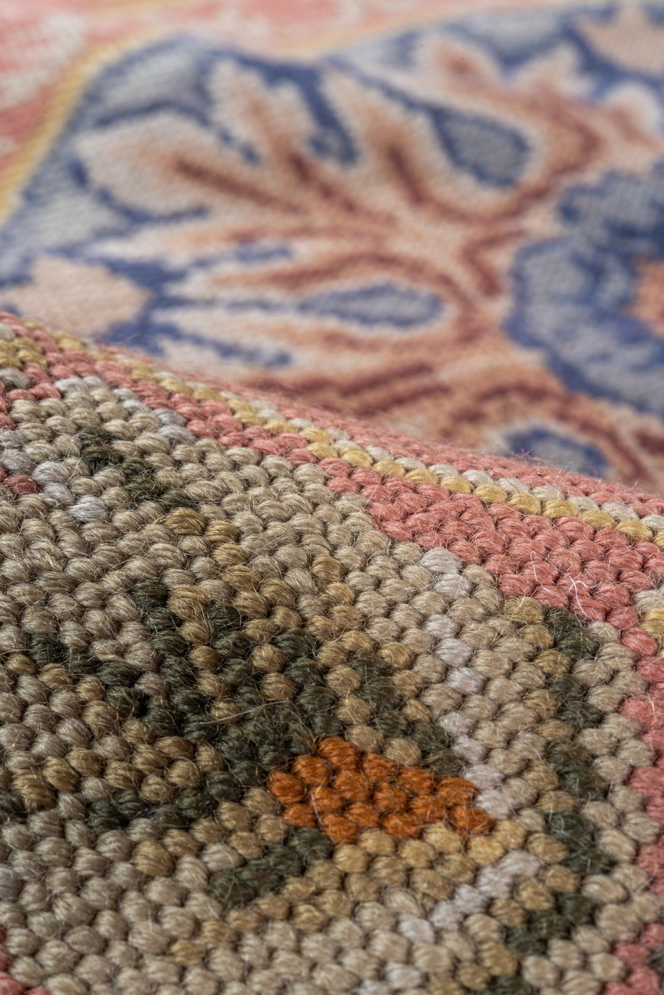 2' x 3' one-of-a-kind handmade vintage Needlepoint small size rug. Color palette: blue, brown, gray, pink, red