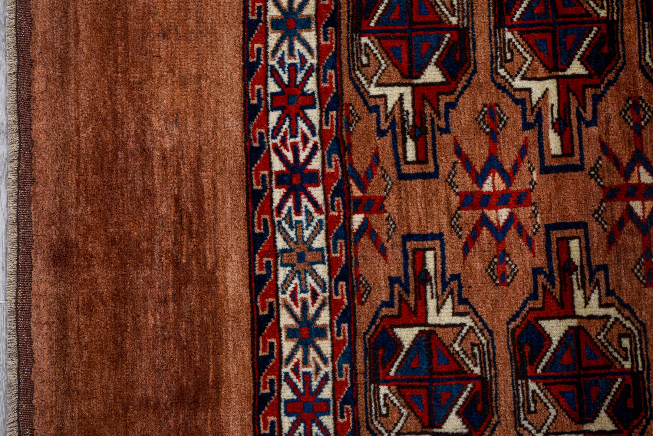 2' x 3' one-of-a-kind handmade antique Yamoud small size rug. Color palette: camel, rust, navy, ivory, crimson, brown