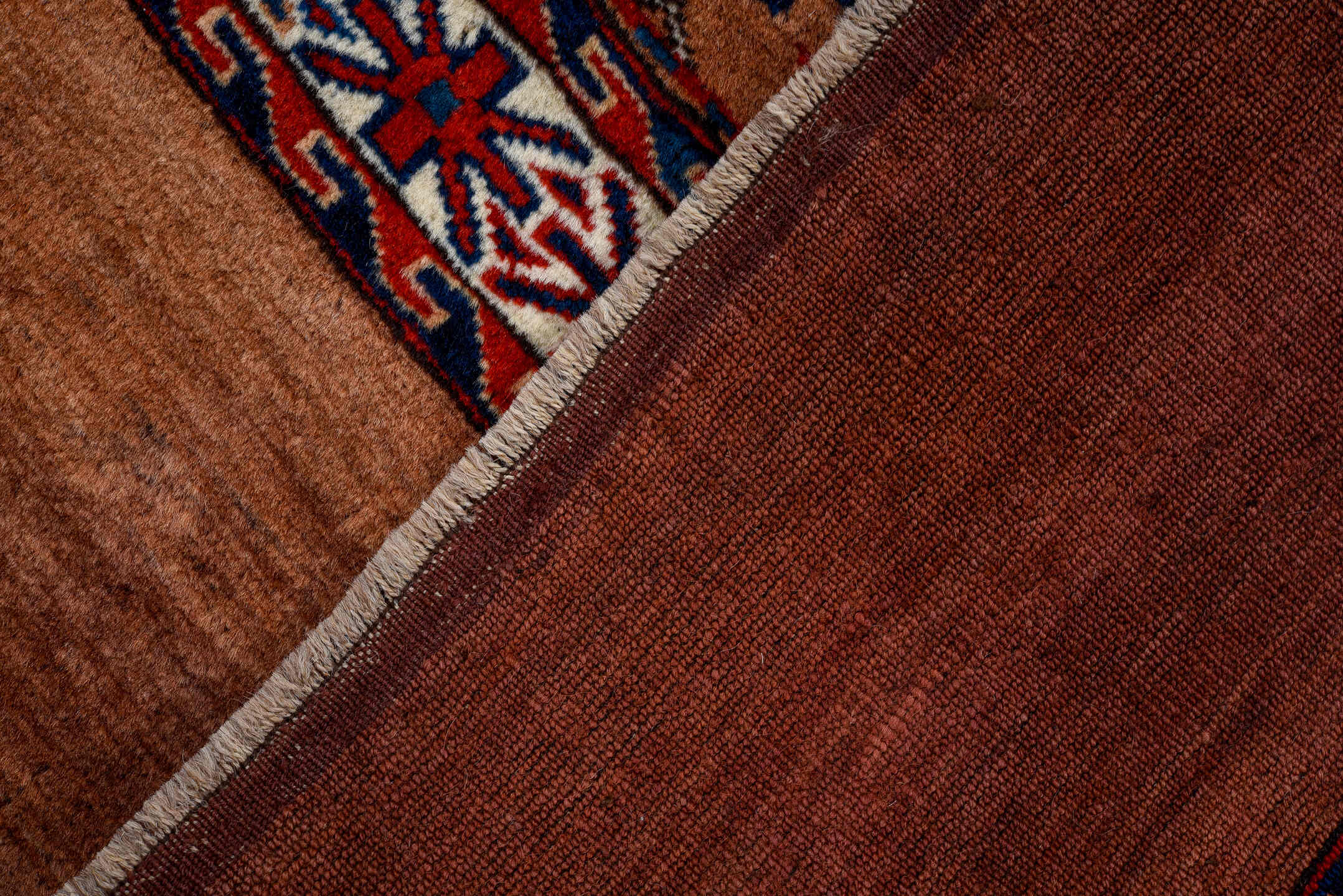 2' x 3' one-of-a-kind handmade antique Yamoud small size rug. Color palette: camel, rust, navy, ivory, crimson, brown