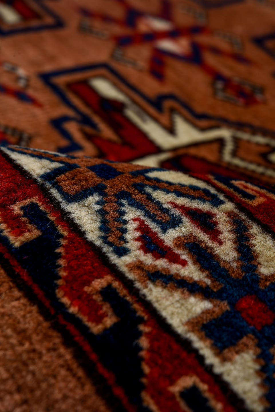 2' x 3' one-of-a-kind handmade antique Yamoud small size rug. Color palette: camel, rust, navy, ivory, crimson, brown