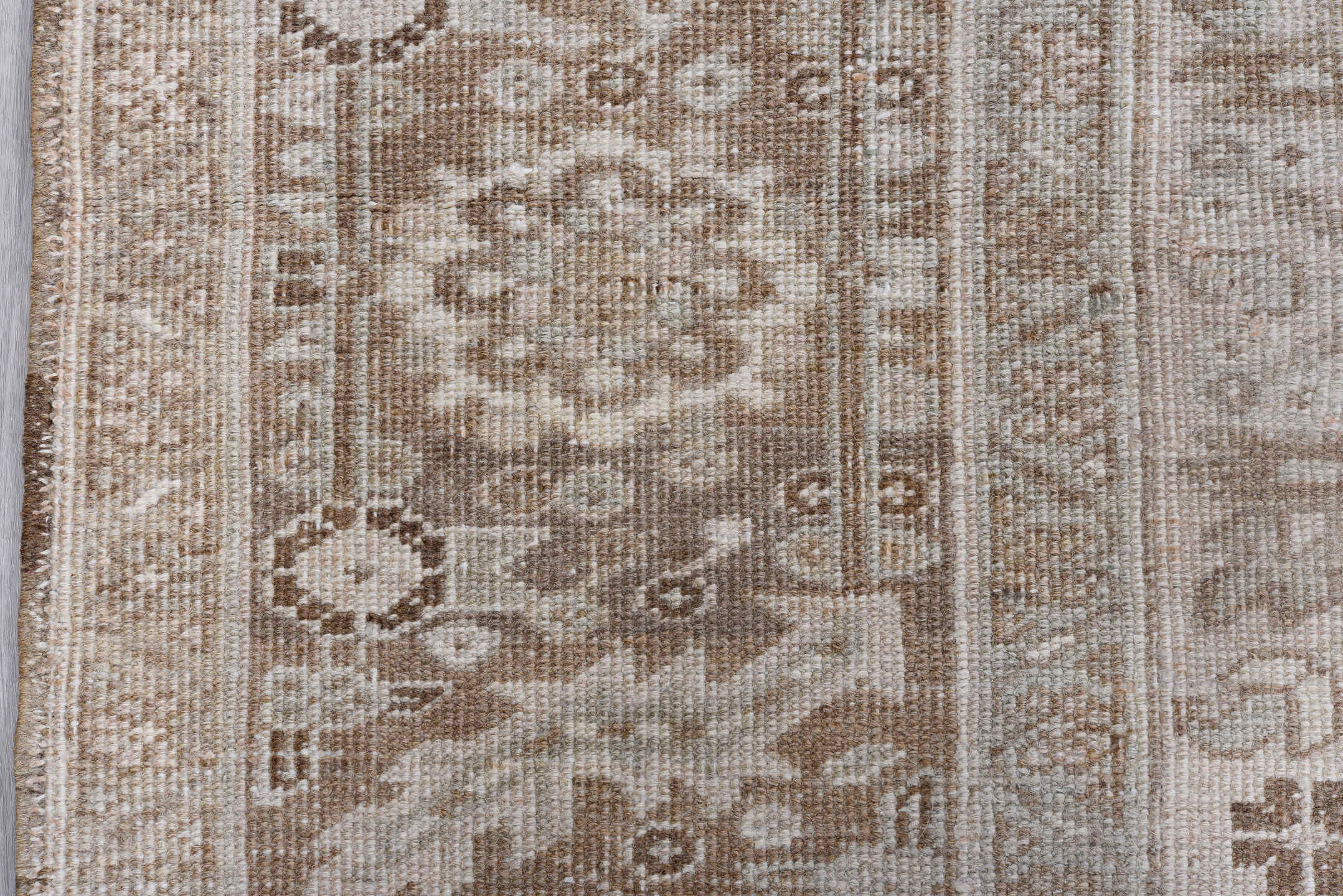 10' x 13' one-of-a-kind handmade antique Heriz large size rug. Color palette: ivory, taupe, beige, camel, sand, light brown