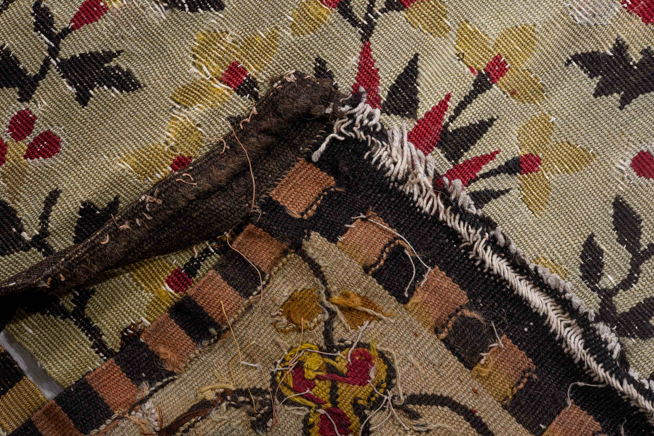 12' x 13' one-of-a-kind handmade vintage Aubusson oversize rug. Color palette: black, brown, burgundy, dark gray, gray