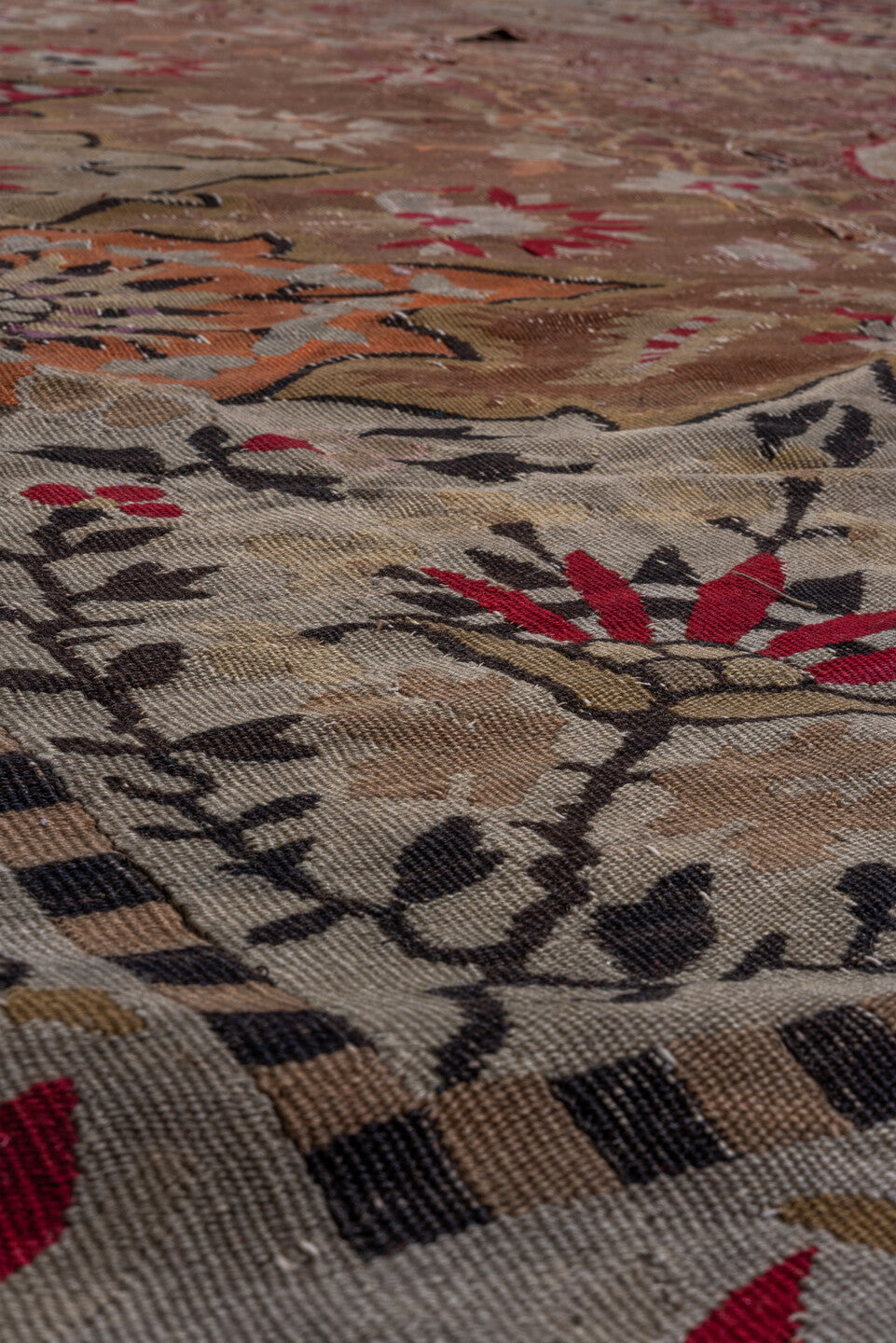 12' x 13' one-of-a-kind handmade vintage Aubusson oversize rug. Color palette: black, brown, burgundy, dark gray, gray