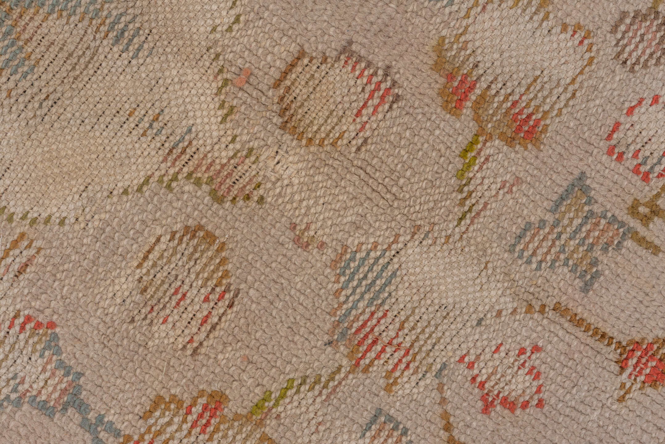 7' x 9' one-of-a-kind handmade antique Oushak rug. Color palette: ivory, powder_blue, coral, taupe, muted_gold, sage