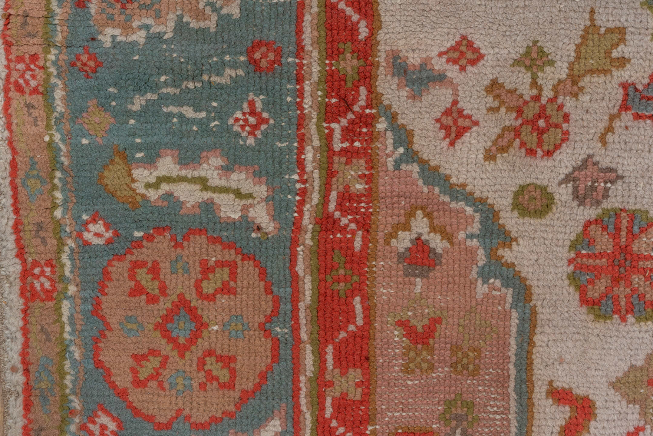 7' x 9' one-of-a-kind handmade antique Oushak rug. Color palette: ivory, powder_blue, coral, taupe, muted_gold, sage
