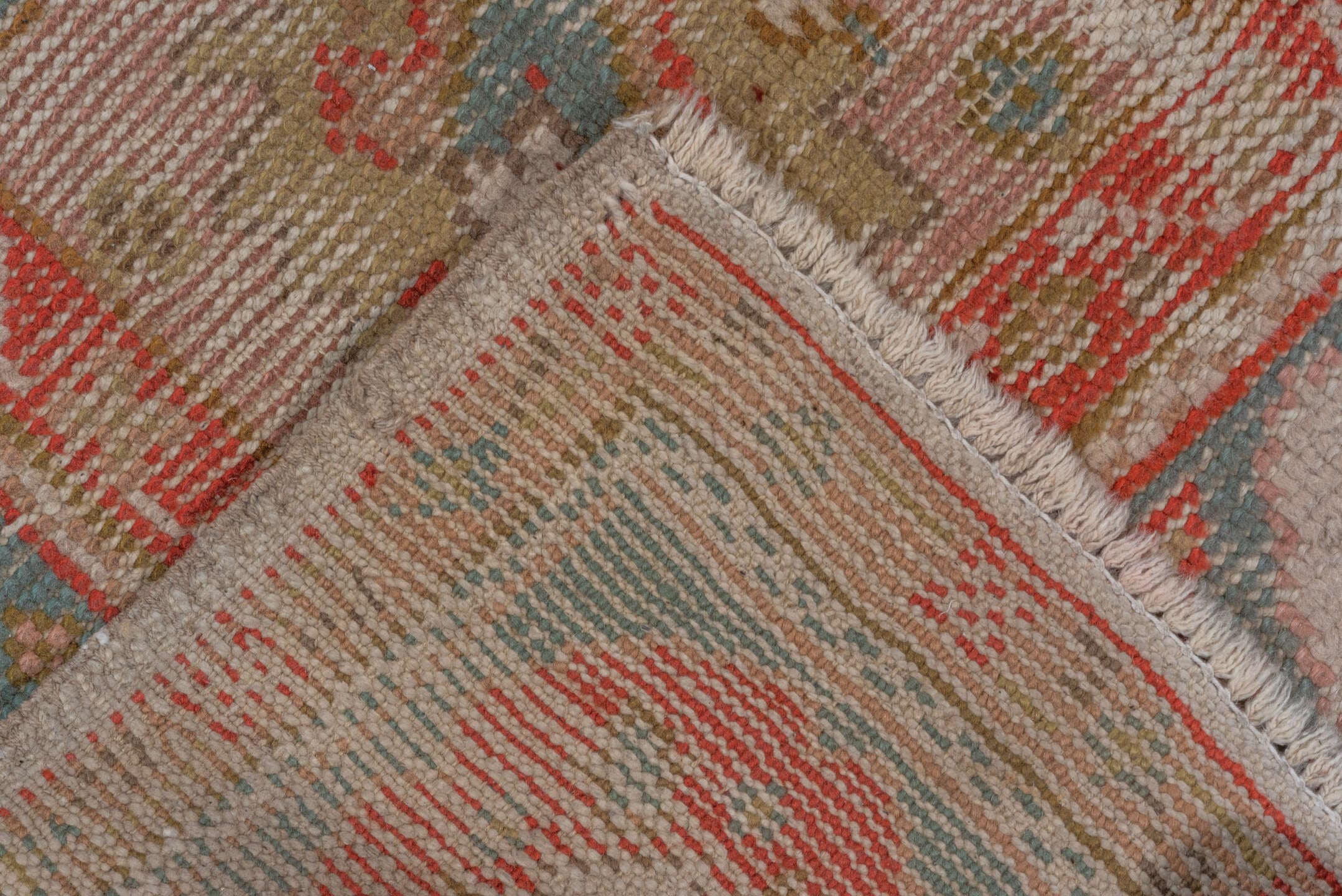 7' x 9' one-of-a-kind handmade antique Oushak rug. Color palette: ivory, powder_blue, coral, taupe, muted_gold, sage
