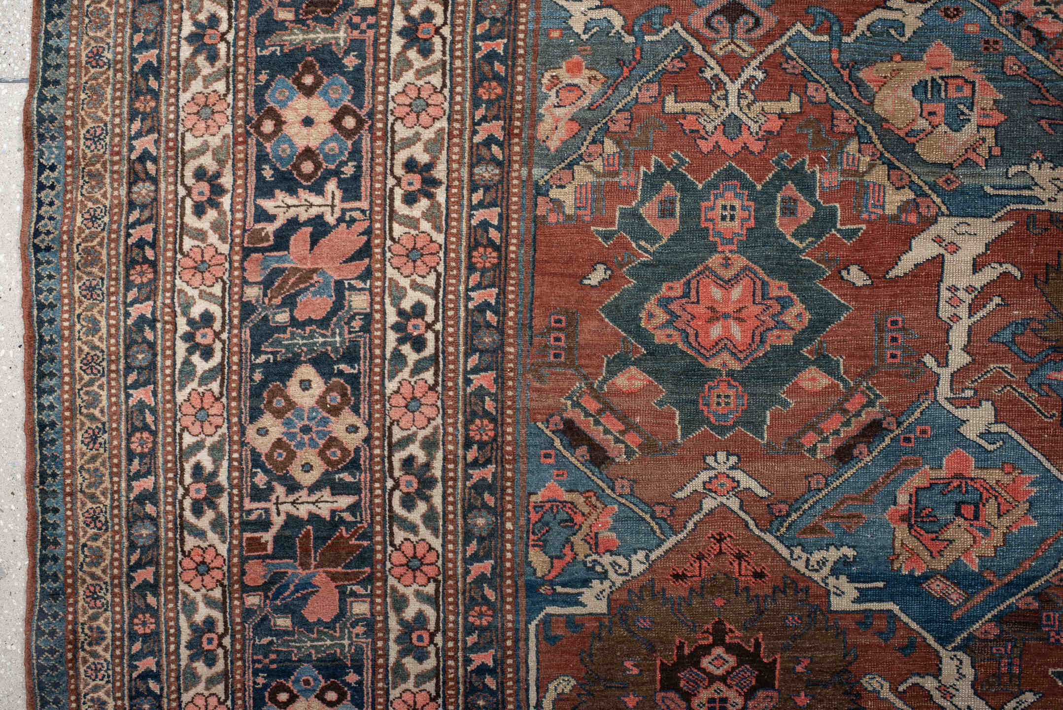 9' x 10' one-of-a-kind handmade antique Bakhshayesh large size rug. Color palette: terra cotta, navy, ivory, sky blue, camel