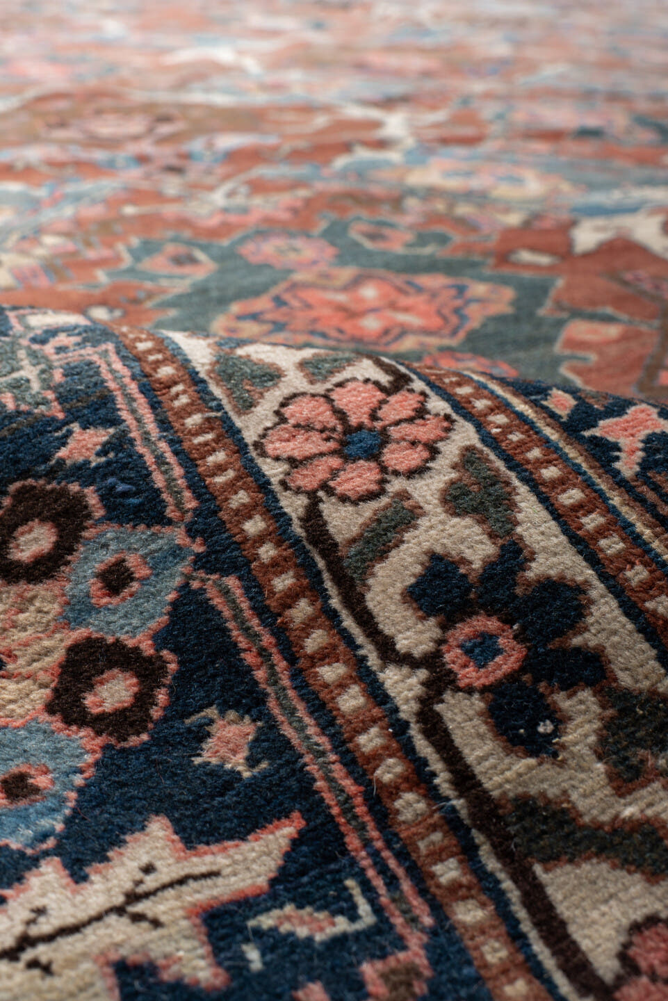 9' x 10' one-of-a-kind handmade antique Bakhshayesh large size rug. Color palette: terra cotta, navy, ivory, sky blue, camel