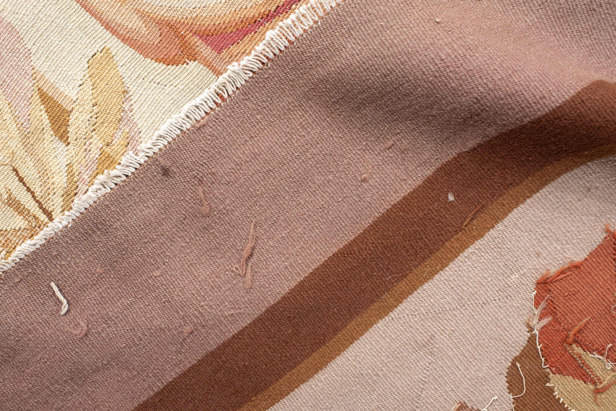 18' x 18' one-of-a-kind handmade antique Aubusson oversize rug. Color palette: rose, ivory, taupe, camel, blush, burgundy