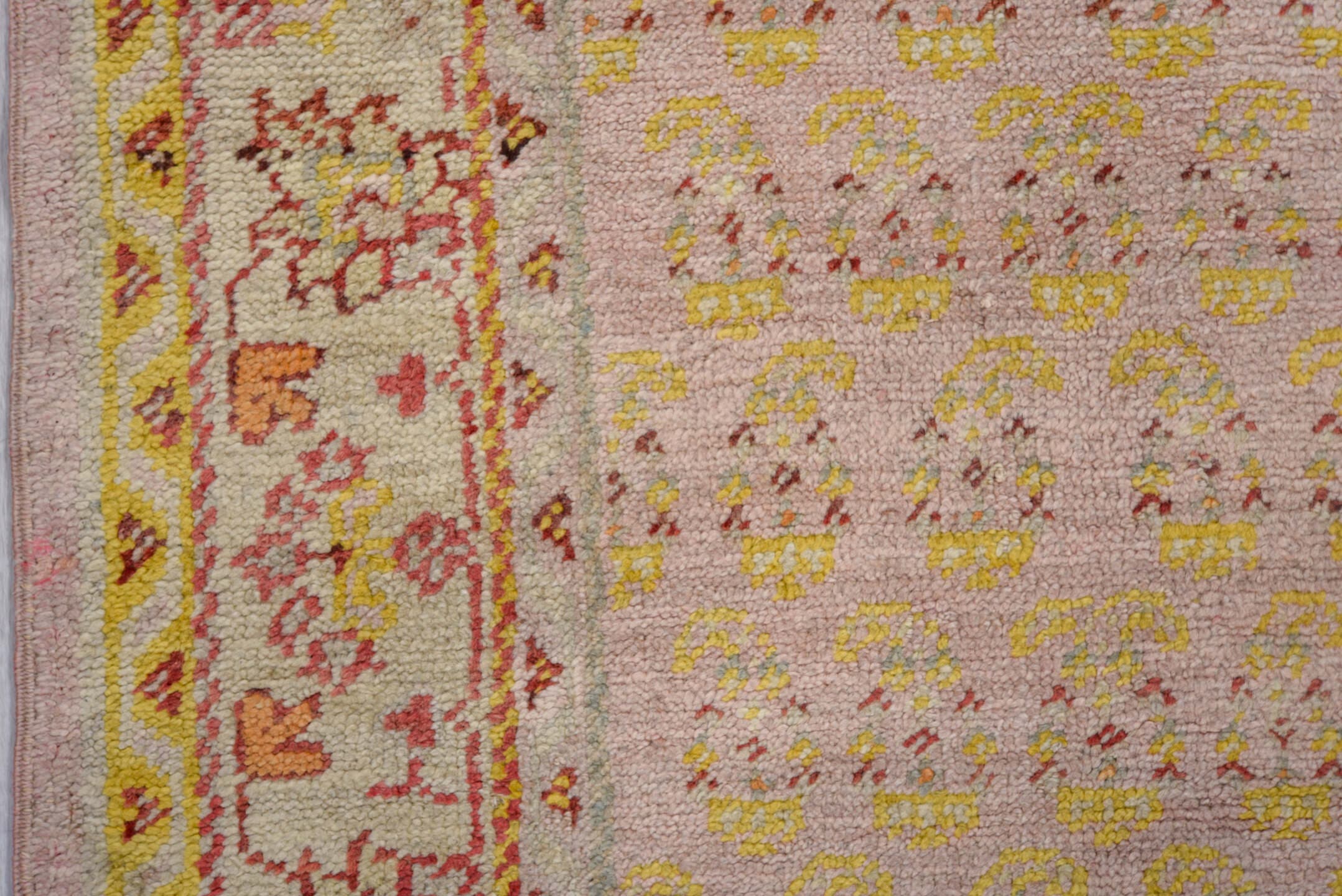 3' x 11' one-of-a-kind handmade antique Oushak runner rug. Color palette: ivory, blush, gold, rose, rust, taupe, pink, red