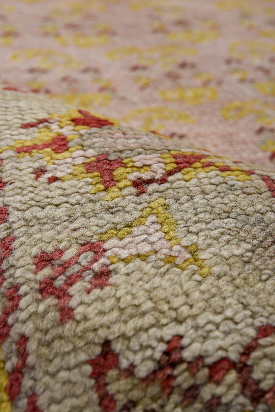 3' x 11' one-of-a-kind handmade antique Oushak runner rug. Color palette: ivory, blush, gold, rose, rust, taupe, pink, red