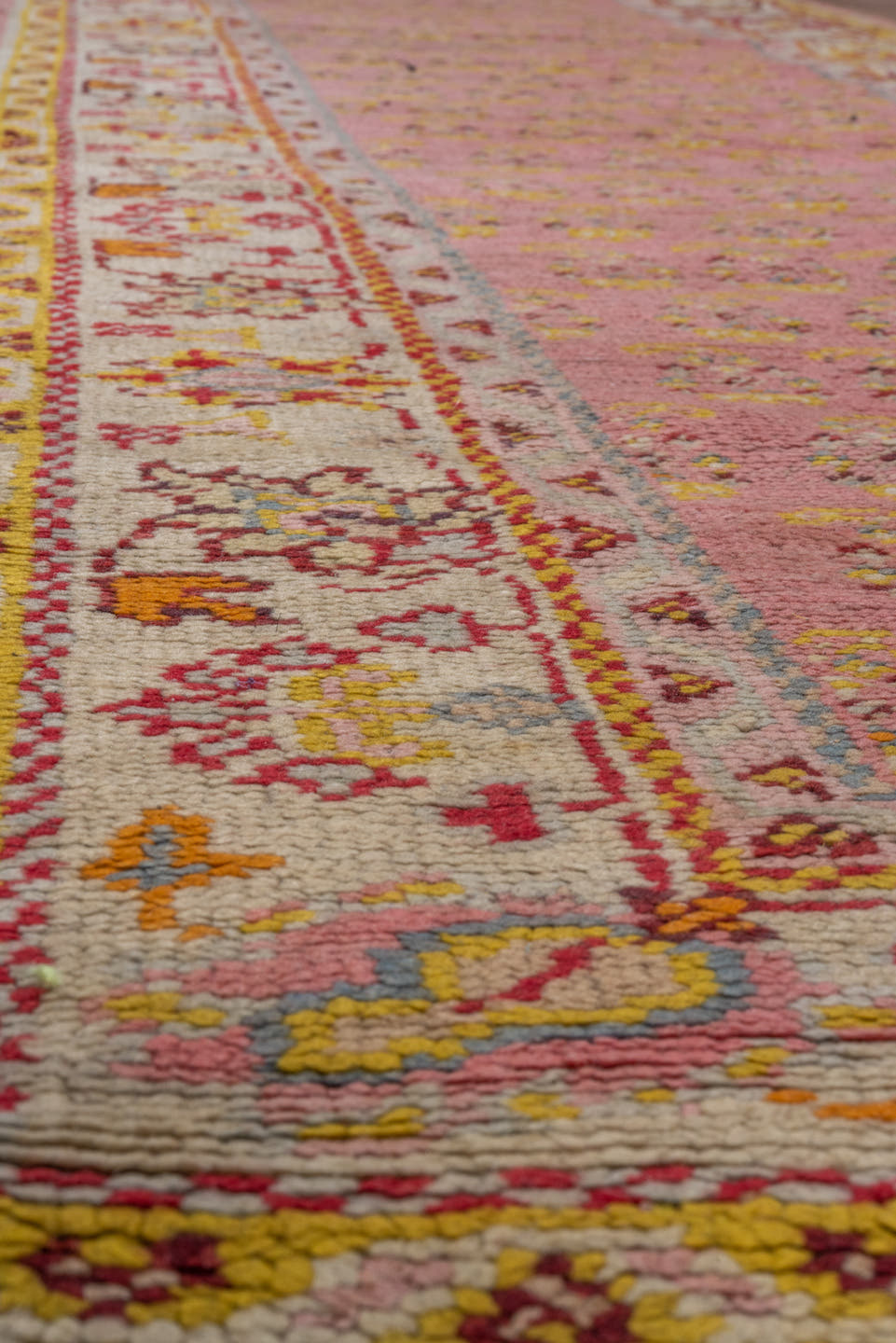3' x 11' one-of-a-kind handmade antique Oushak runner rug. Color palette: ivory, blush, gold, rose, rust, taupe, pink, red