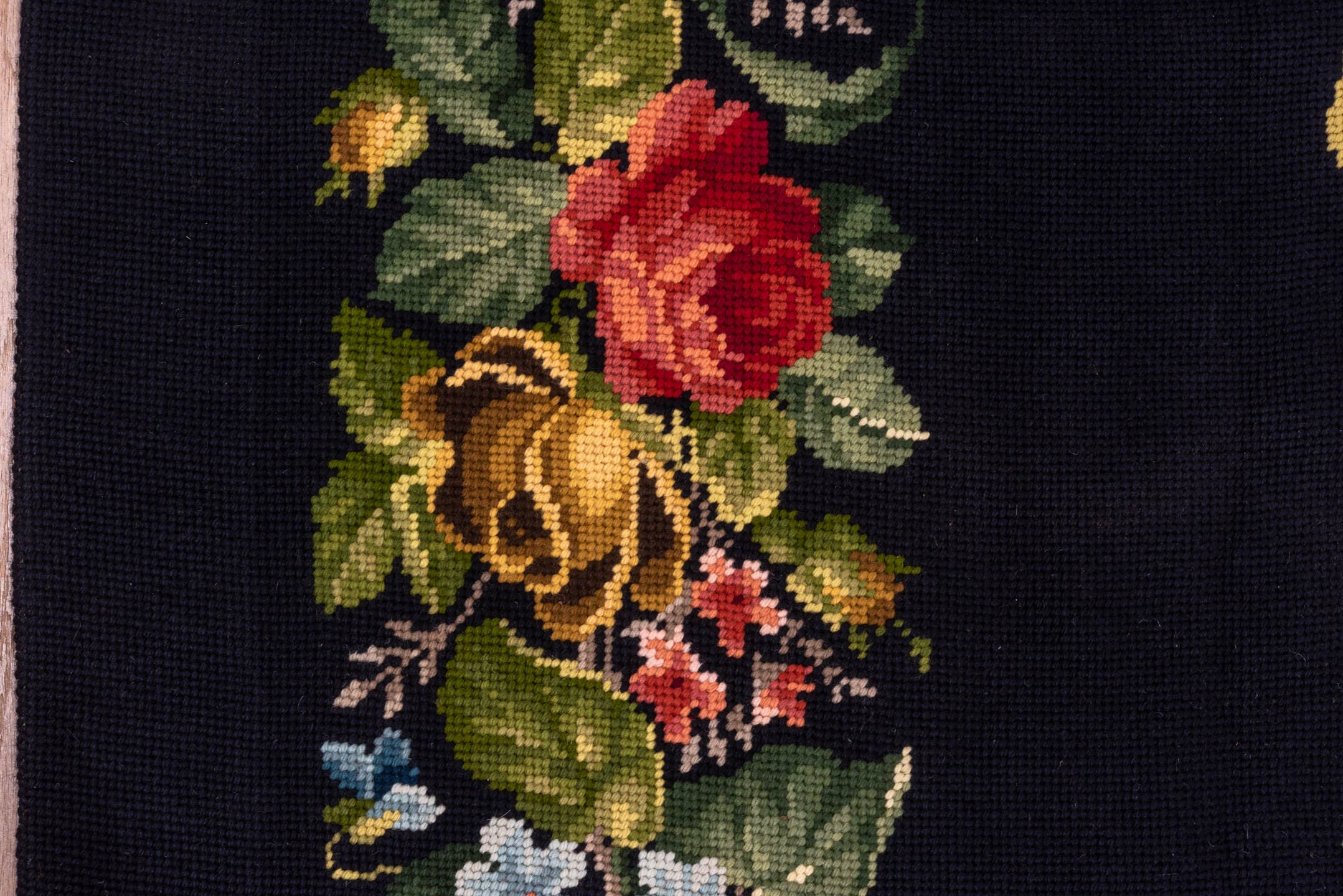 9' x 11' one-of-a-kind handmade antique Needlepoint large size rug. Color palette: navy, sage, rose, ivory, gold, sky blue