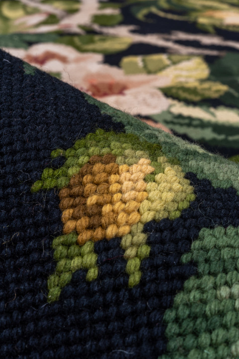 9' x 11' one-of-a-kind handmade antique Needlepoint large size rug. Color palette: navy, sage, rose, ivory, gold, sky blue