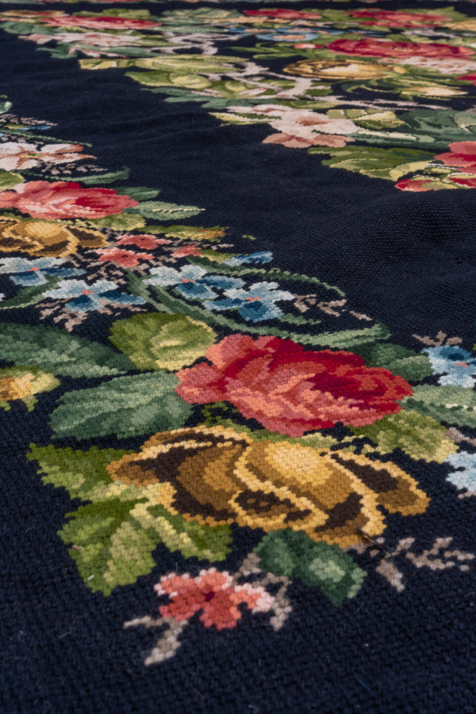 9' x 11' one-of-a-kind handmade antique Needlepoint large size rug. Color palette: navy, sage, rose, ivory, gold, sky blue