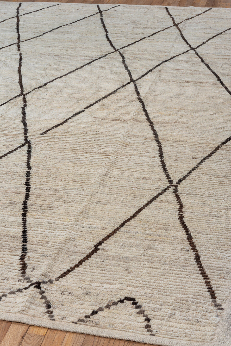 8' x 12' one-of-a-kind handmade vintage Tulu large size rug. Color palette: ivory, brown, cream, taupe, beige, gray