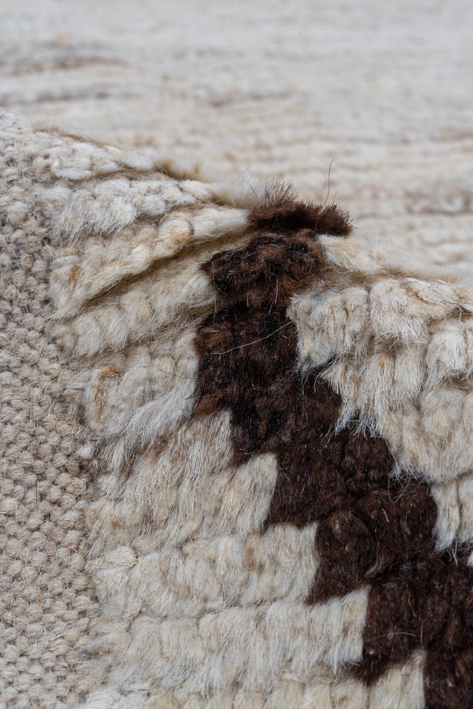 8' x 12' one-of-a-kind handmade vintage Tulu large size rug. Color palette: ivory, brown, cream, taupe, beige, gray