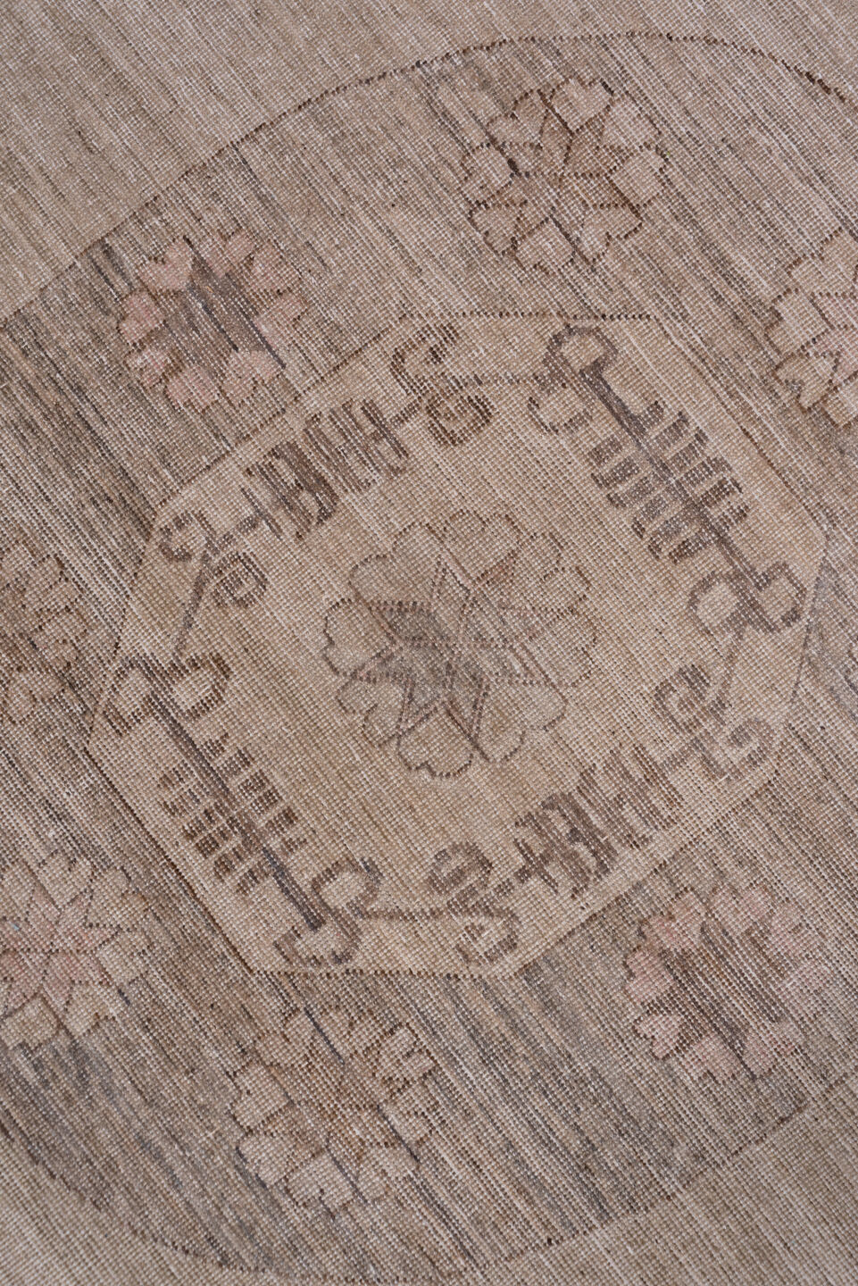 12' x 18' one-of-a-kind handmade vintage Khotan oversize rug. Color palette: taupe, beige, dusty rose, mauve, ivory, brown