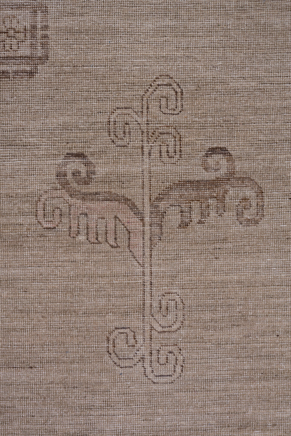 12' x 18' one-of-a-kind handmade vintage Khotan oversize rug. Color palette: taupe, beige, dusty rose, mauve, ivory, brown