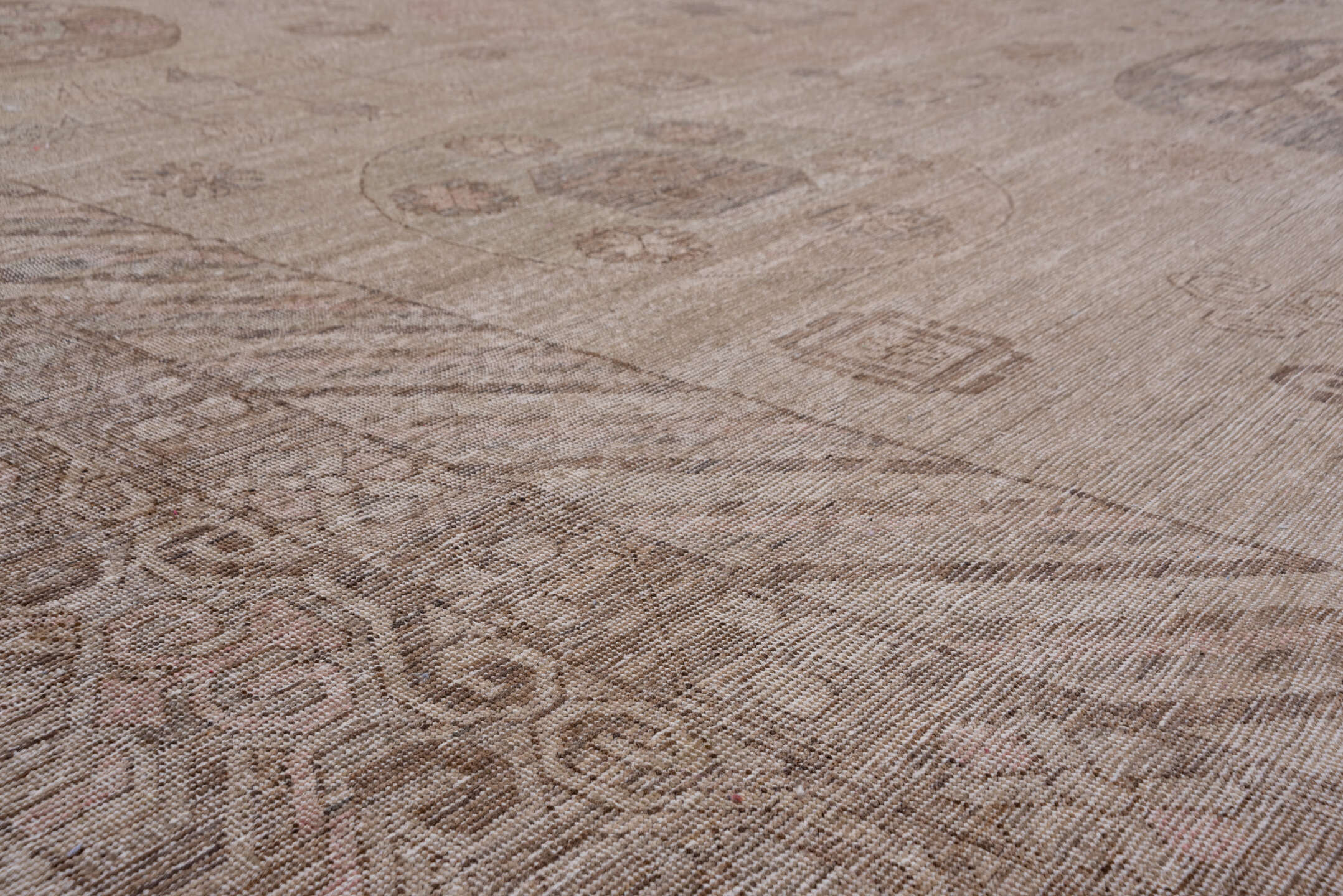 12' x 18' one-of-a-kind handmade vintage Khotan oversize rug. Color palette: taupe, beige, dusty rose, mauve, ivory, brown
