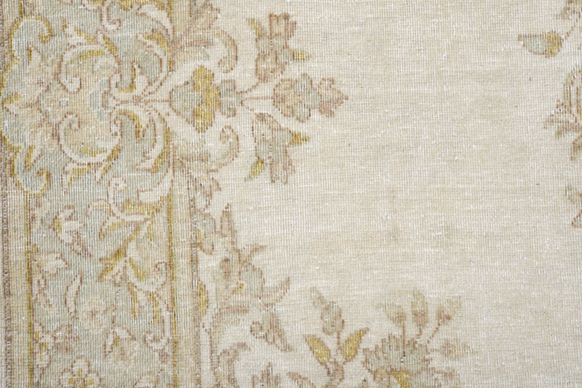 4' x 6' one-of-a-kind handmade antique Kerman small size rug. Color palette: ivory, beige, taupe, camel, gold, sand, gray