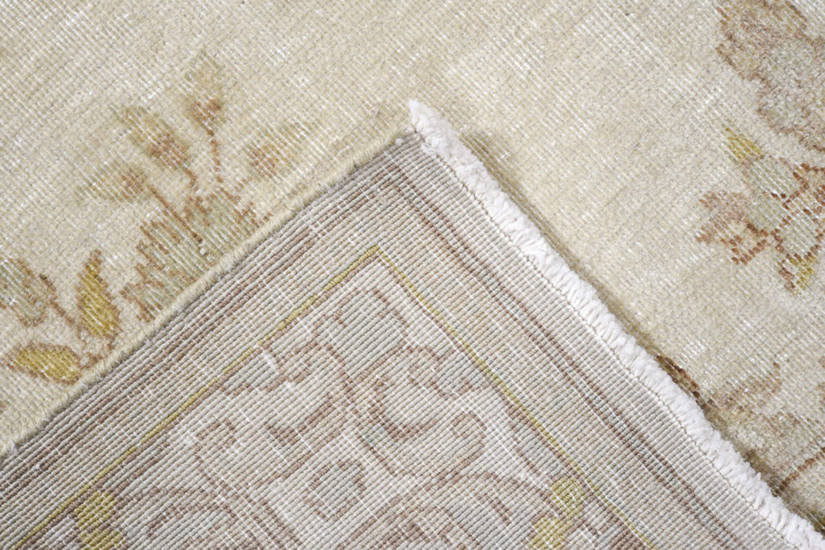 4' x 6' one-of-a-kind handmade antique Kerman small size rug. Color palette: ivory, beige, taupe, camel, gold, sand, gray