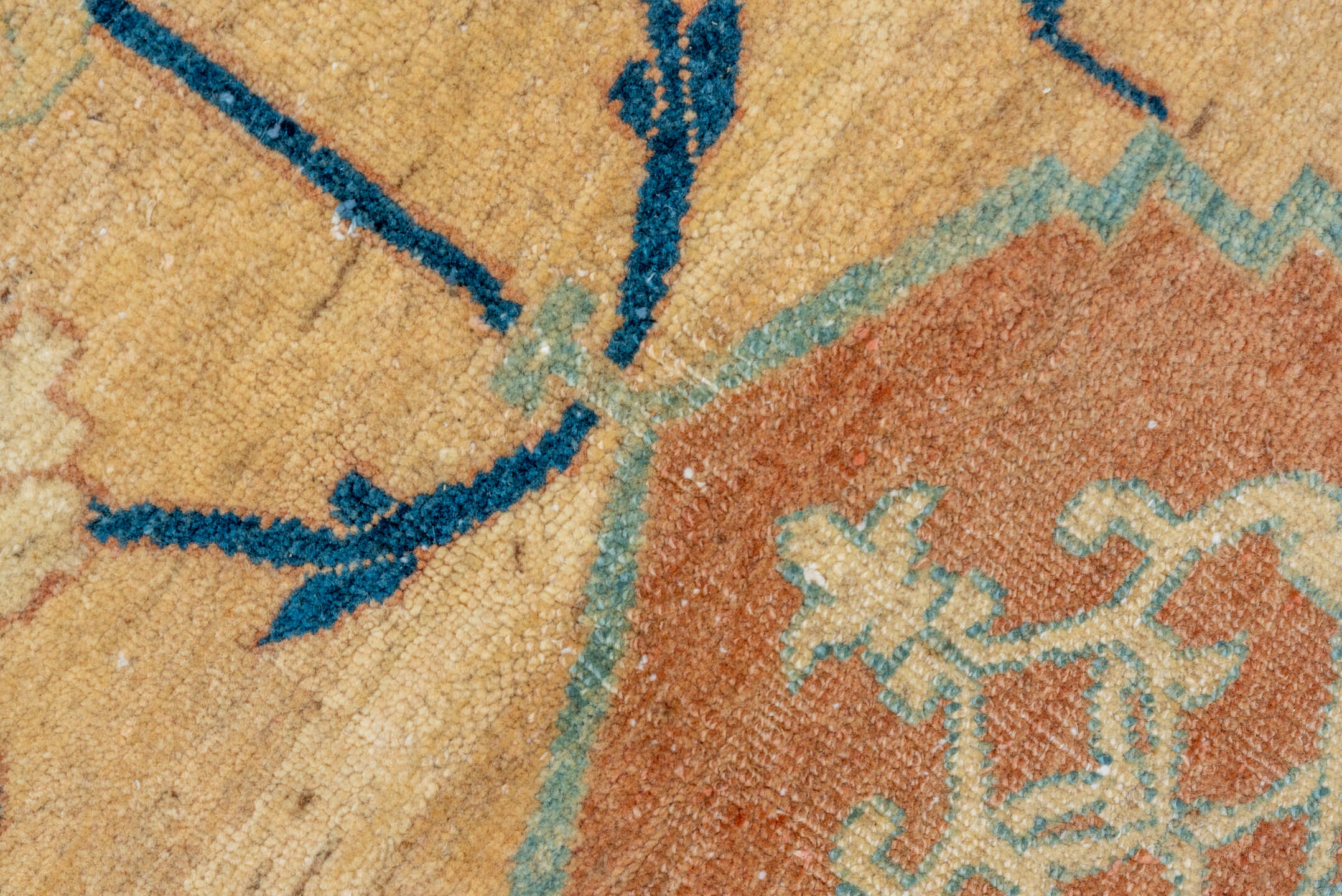 7' x 9' one-of-a-kind handmade vintage Afghan large size rug. Color palette: ivory, sand, terra cotta, navy, cream, camel